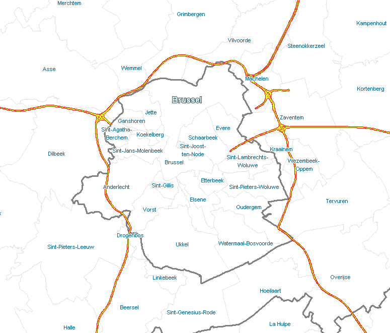 Mapa contendo todos os parques de estacionamento na Brussel